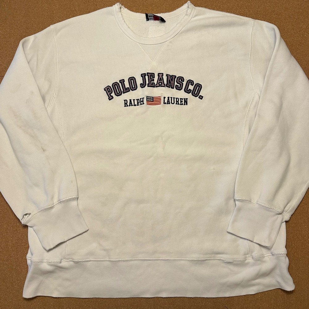 Polo Jeans Co Ralph Lauren Sweatshirt Mens XXL White Vintage Crewneck Distressed